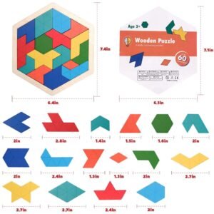 Wooden Hexagon Tangram Puzzle for Kids Adults - Geometry Shape Pattern Blocks