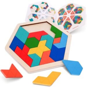 Wooden Hexagon Tangram Puzzle for Kids Adults - Geometry Shape Pattern Blocks